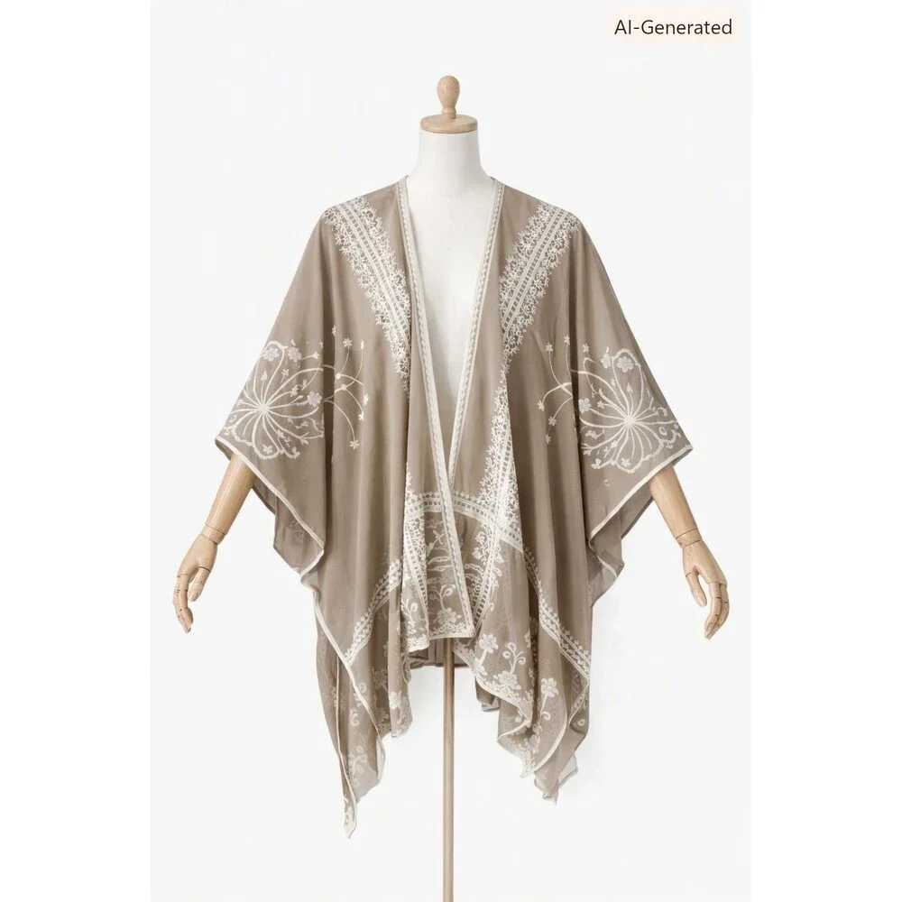 Rachel Women’s Oversized Embroidered Shawl Wrap – Taupe White Lace – NWT